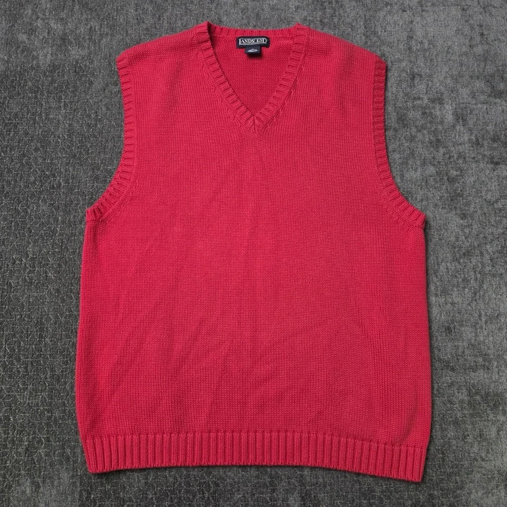 Vtg Lands' End V Neck Sweater Vest Mens Medium Chunky Knit Red Made In Japan